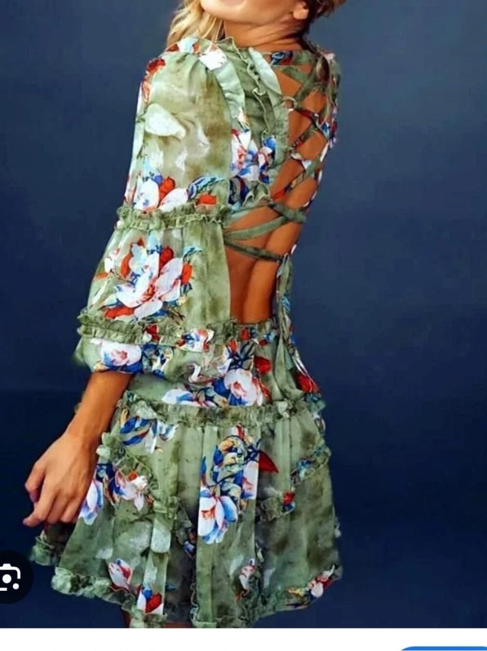 Luxxel Olive Green Floral Lace-Up Back Mini Dress